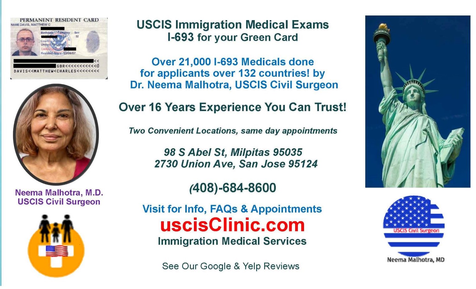 services by Neema Malhotra M.D... USCIS Clinic, Milpitas, San Jose Silicon Valley Bay Area , immigration medical exam i-693 uscisclinic.com 408-684-8600